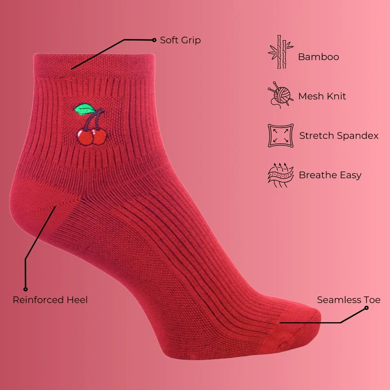 Mon Cherrie | Organic Bamboo Socks | Unisex Quarter | Compression